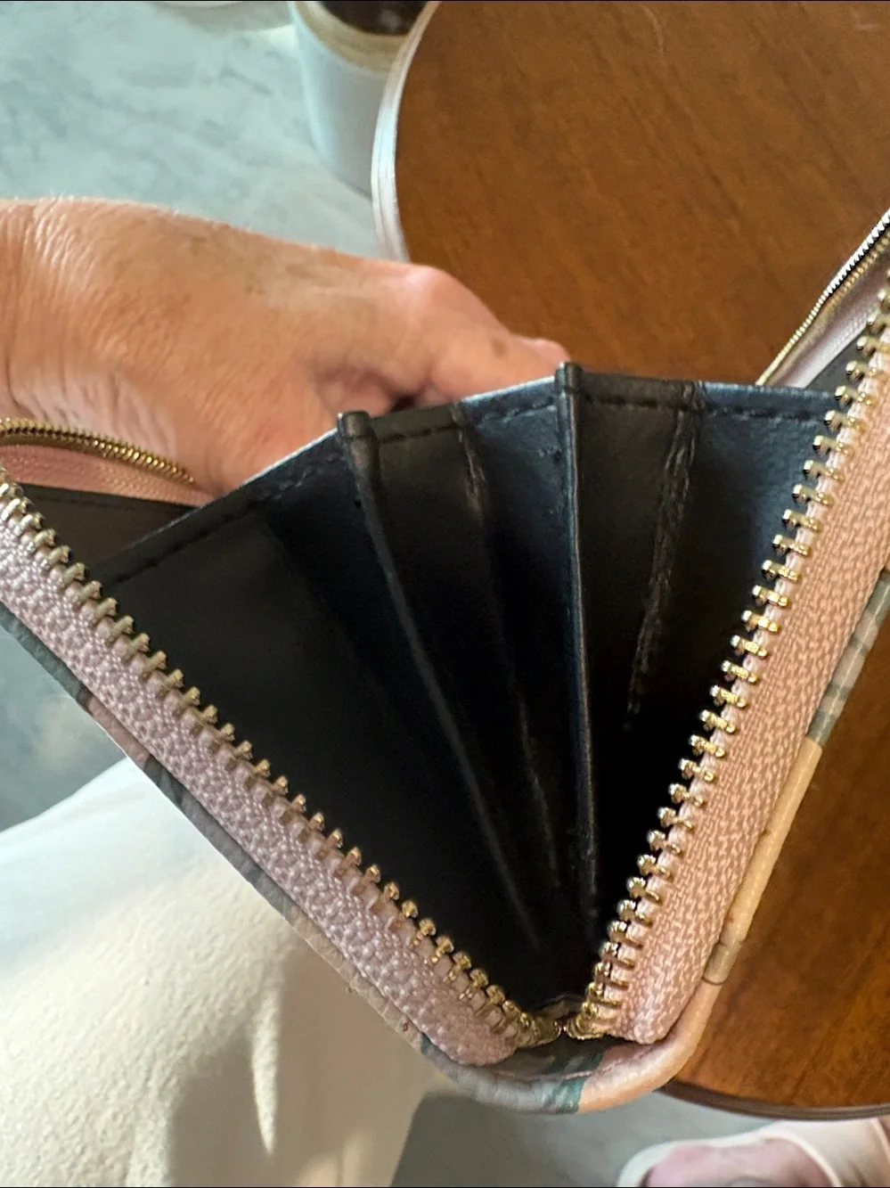 Floral Zip-Around Wallet Dusty Pink burgundy, green yellow cream/gold tone black